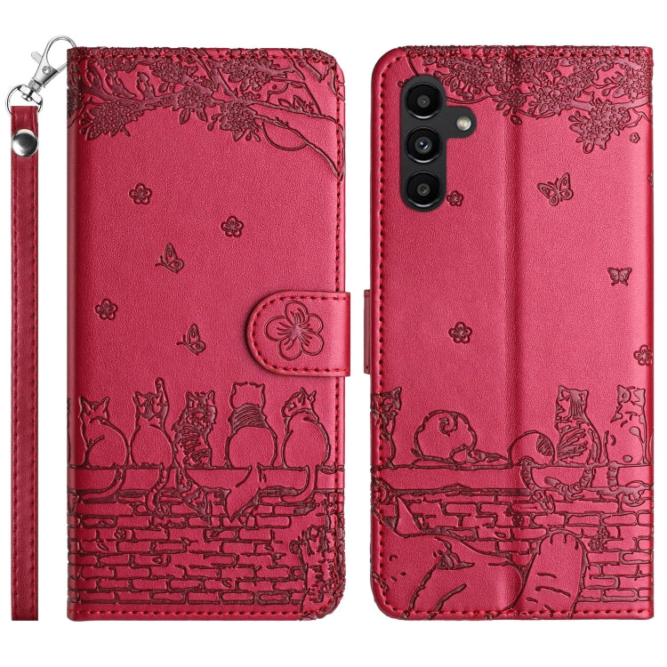 Cat Embossing Pattern Leather Phone Case with Lanyard