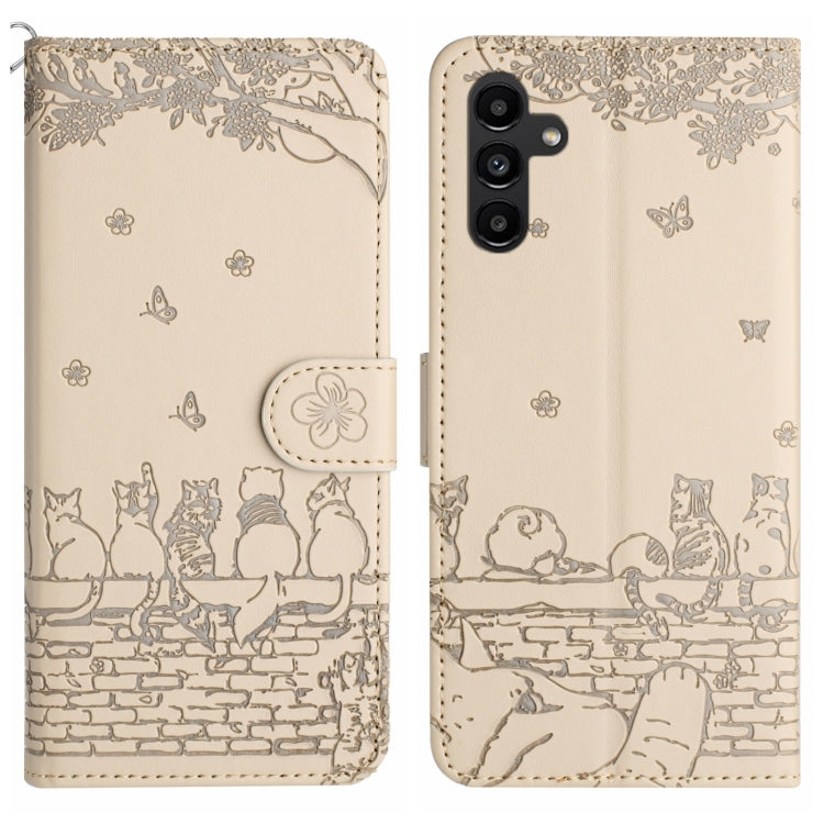Cat Embossing Pattern Leather Phone Case with Lanyard, For Samsung Galaxy A55, For Samsung Galaxy A14, For Samsung Galaxy A35, For Samsung Galaxy S24