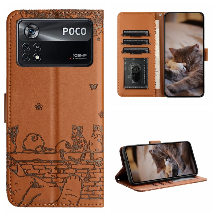 Cat Embossing Pattern Leather Phone Case with Lanyard, For Xiaomi Poco M4 Pro 4G, For Xiaomi Poco X4 Pro 5G