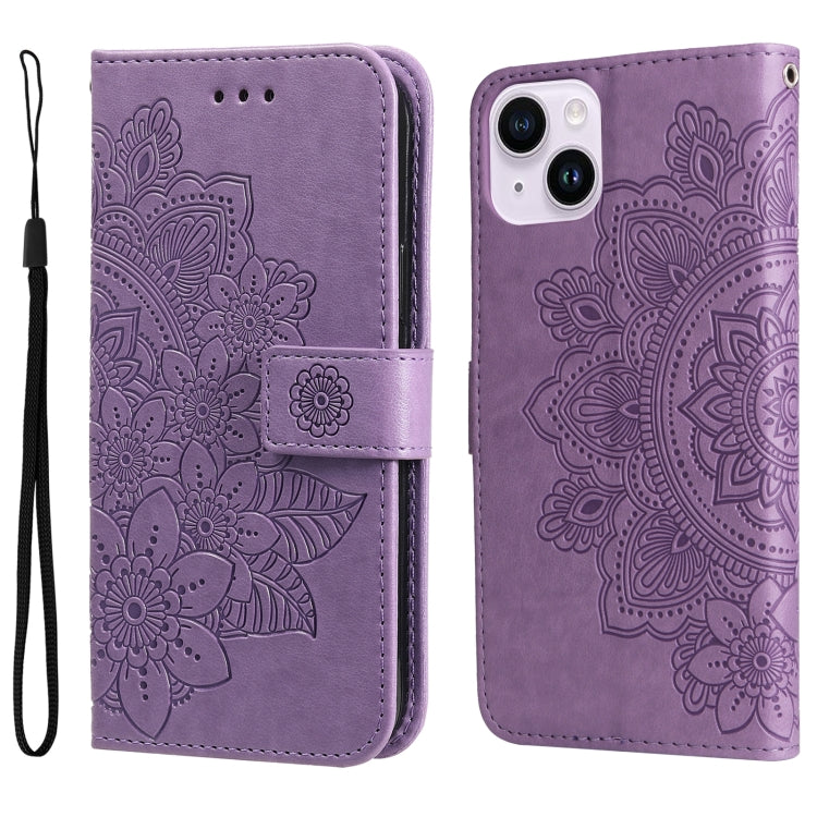 Seven-petal Flowers Embossing Leather Phone Case, For iPhone 15