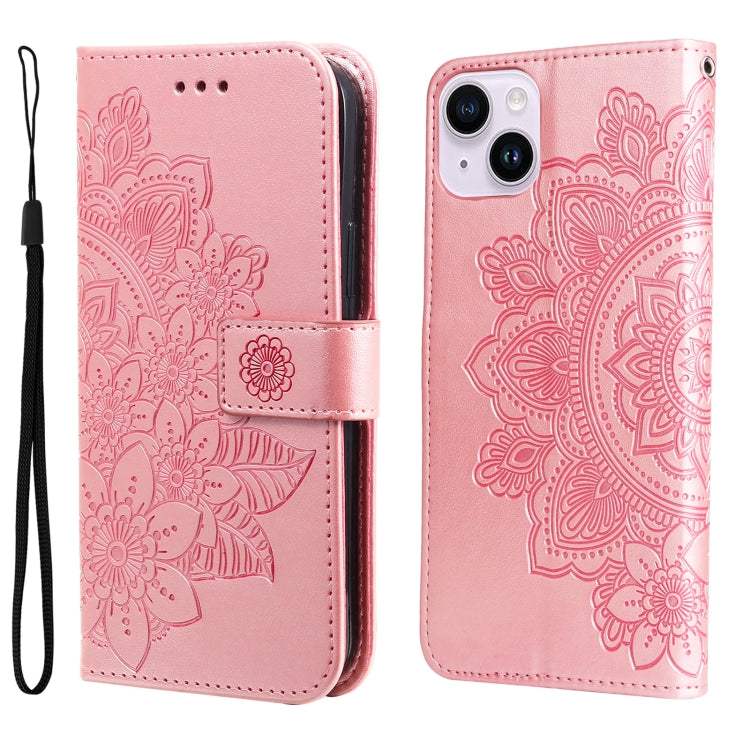 Seven-petal Flowers Embossing Leather Phone Case, For iPhone 16, For iPhone 15 Pro Max, For iPhone 15 Pro, For iPhone 15 Plus