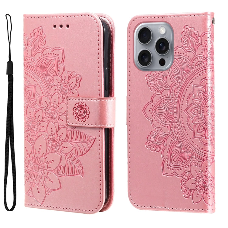 Seven-petal Flowers Embossing Leather Phone Case, For iPhone 16e, For iPhone 15 Pro Max, For iPhone 15 Pro, For iPhone 15 Plus