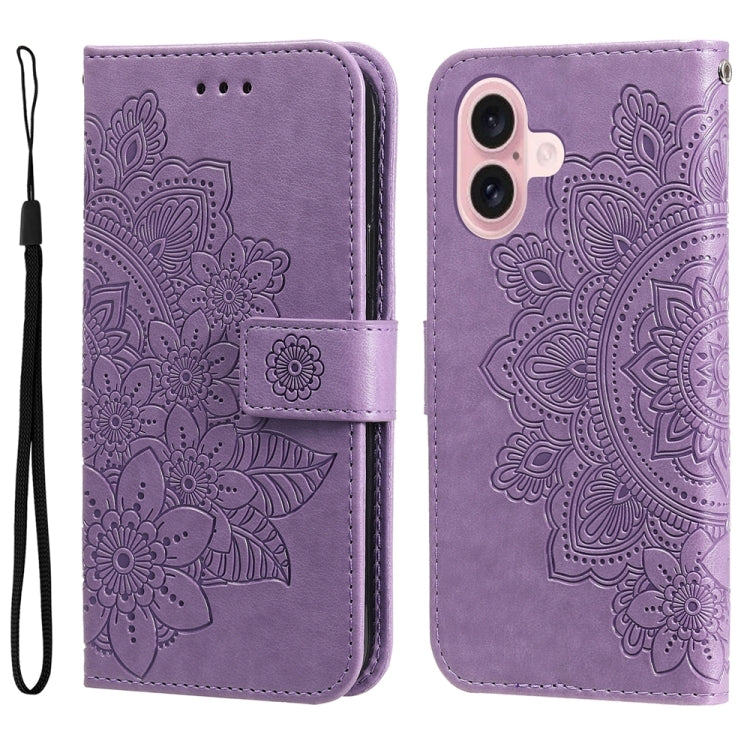 Seven-petal Flowers Embossing Leather Phone Case, For iPhone 16, For iPhone 15 Pro Max, For iPhone 15 Pro, For iPhone 15 Plus