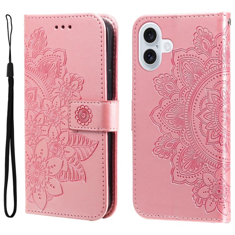 Seven-petal Flowers Embossing Leather Phone Case, For iPhone 16 Pro Max, For iPhone 16 Pro, For iPhone 16 Plus, For iPhone 16