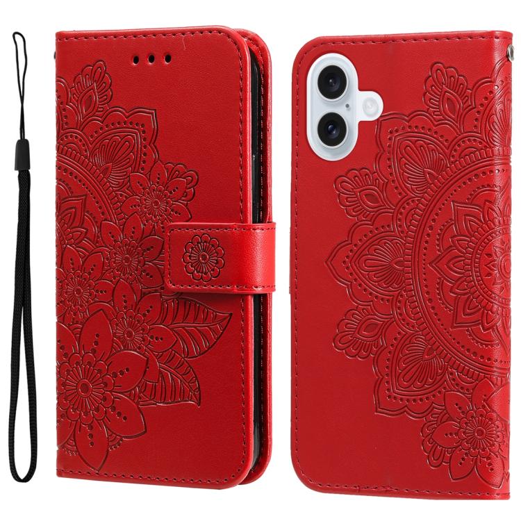 Seven-petal Flowers Embossing Leather Phone Case, For iPhone 16 Pro Max, For iPhone 16 Pro, For iPhone 16 Plus, For iPhone 16