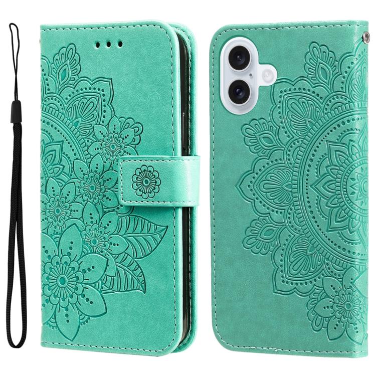 Seven-petal Flowers Embossing Leather Phone Case, For iPhone 16 Pro Max, For iPhone 16 Pro, For iPhone 16 Plus, For iPhone 16