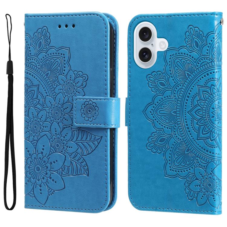 Seven-petal Flowers Embossing Leather Phone Case, For iPhone 16 Pro Max, For iPhone 16 Pro, For iPhone 16 Plus, For iPhone 16