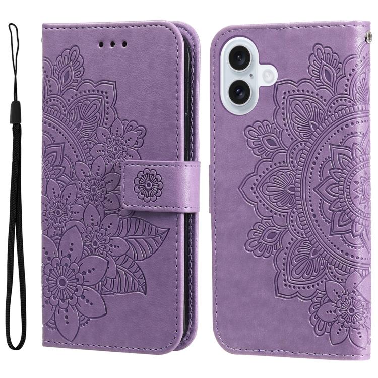 Seven-petal Flowers Embossing Leather Phone Case, For iPhone 16 Pro Max, For iPhone 16 Pro, For iPhone 16 Plus, For iPhone 16