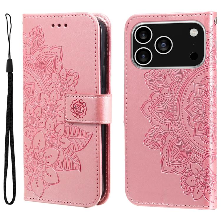 Seven-petal Flowers Embossing Leather Phone Case, For iPhone 16 Pro Max, For iPhone 16 Pro, For iPhone 16 Plus, For iPhone 16