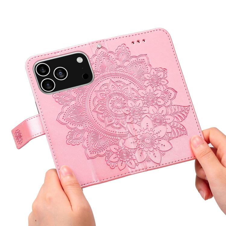 Seven-petal Flowers Embossing Leather Phone Case, For iPhone 16 Pro Max, For iPhone 16 Pro, For iPhone 16 Plus, For iPhone 16