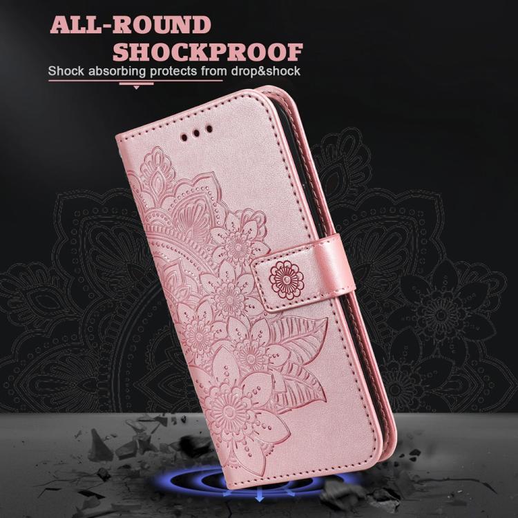 Seven-petal Flowers Embossing Leather Phone Case, For iPhone 16 Pro Max, For iPhone 16 Pro, For iPhone 16 Plus, For iPhone 16