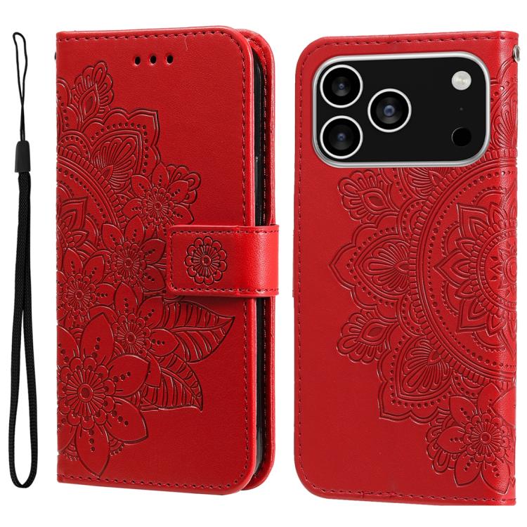 Seven-petal Flowers Embossing Leather Phone Case, For iPhone 16 Pro Max, For iPhone 16 Pro, For iPhone 16 Plus, For iPhone 16