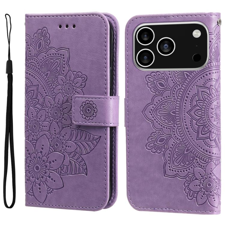 Seven-petal Flowers Embossing Leather Phone Case, For iPhone 16 Pro Max, For iPhone 16 Pro, For iPhone 16 Plus, For iPhone 16
