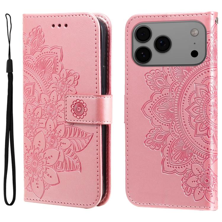 Seven-petal Flowers Embossing Leather Phone Case, For iPhone 16 Pro Max, For iPhone 16 Pro, For iPhone 16 Plus, For iPhone 16