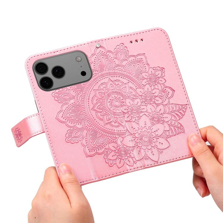 Seven-petal Flowers Embossing Leather Phone Case, For iPhone 16 Pro Max, For iPhone 16 Pro, For iPhone 16 Plus, For iPhone 16