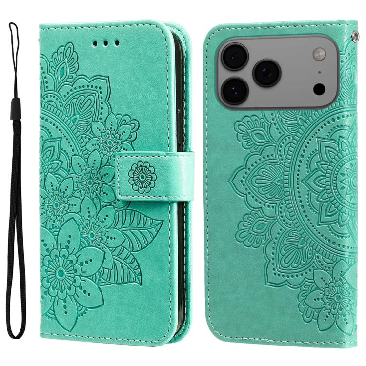 Seven-petal Flowers Embossing Leather Phone Case, For iPhone 16 Pro Max, For iPhone 16 Pro, For iPhone 16 Plus, For iPhone 16