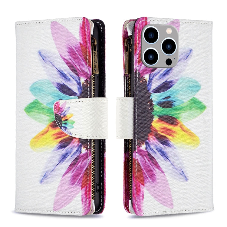 Colored Drawing Pattern Zipper Phone Leather Case, For iPhone 16 Plus, For iPhone 16