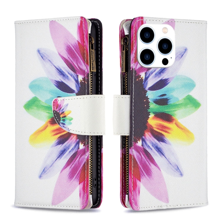 Colored Drawing Pattern Zipper Phone Leather Case, For iPhone 16 Pro Max, For iPhone 16 Pro