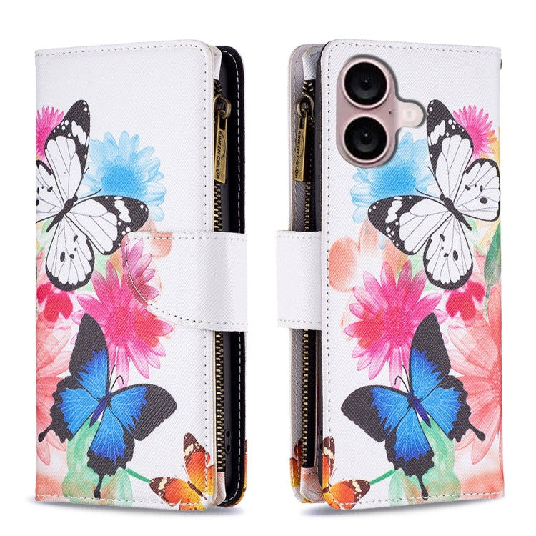 Colored Drawing Pattern Zipper Phone Leather Case, For iPhone 16 Pro Max, For iPhone 16 Pro