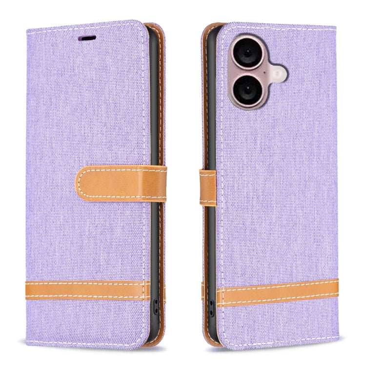 Color Block Denim Texture Leather Phone Case, For iPhone 16 Plus, For iPhone 16