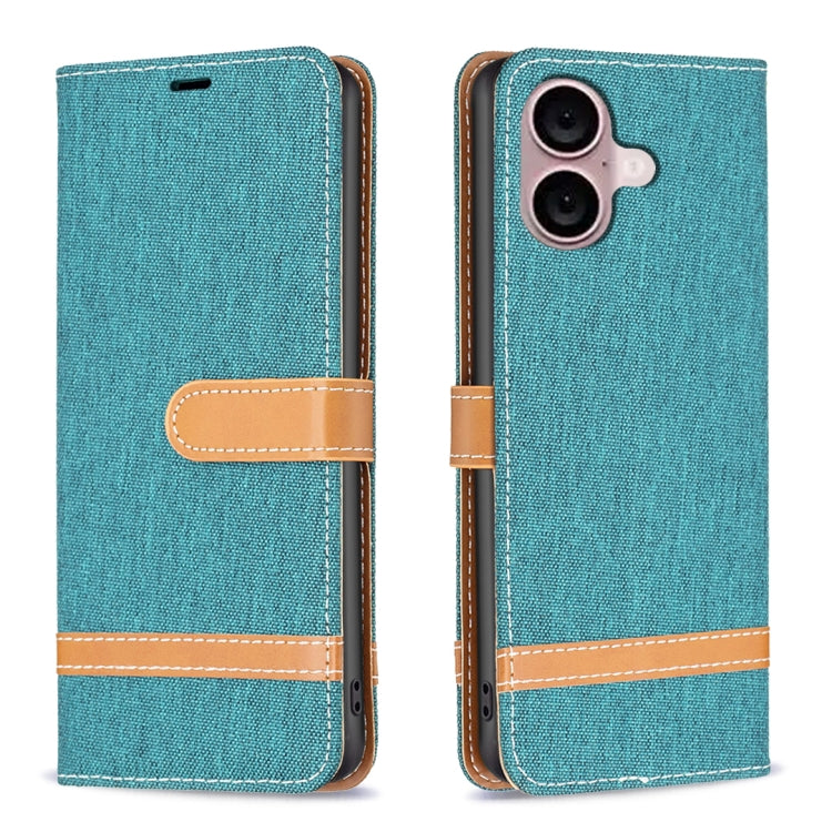 Color Block Denim Texture Leather Phone Case, For iPhone 16 Plus, For iPhone 16