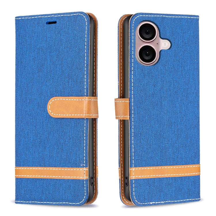 Color Block Denim Texture Leather Phone Case, For iPhone 16 Plus, For iPhone 16