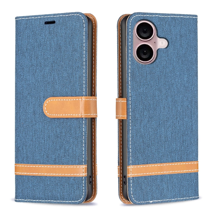 Color Block Denim Texture Leather Phone Case, For iPhone 16 Plus, For iPhone 16