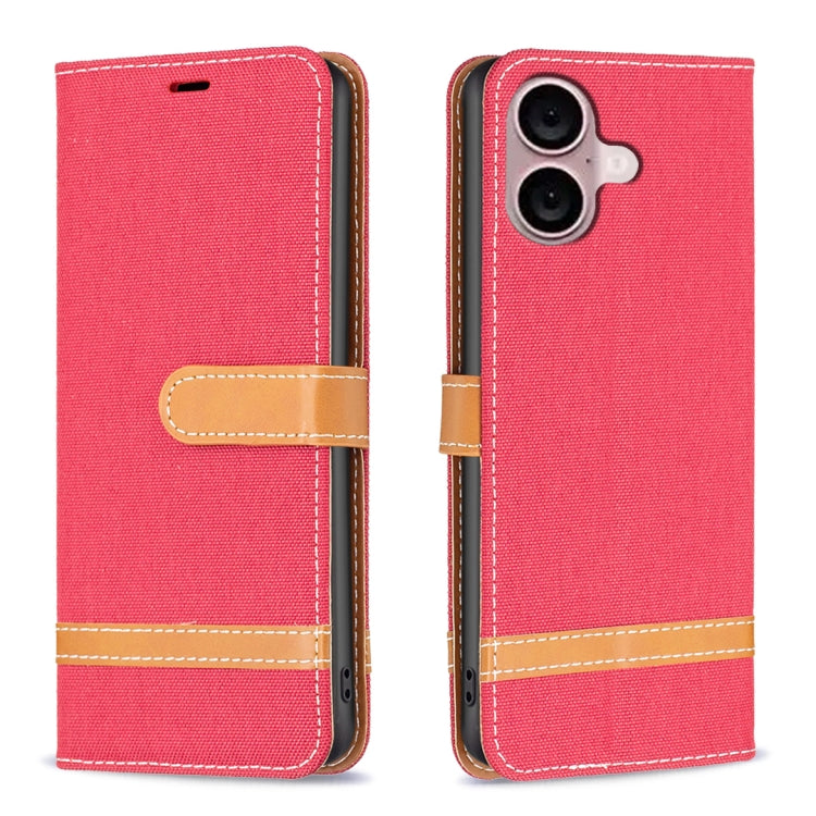 Color Block Denim Texture Leather Phone Case, For iPhone 16 Plus, For iPhone 16