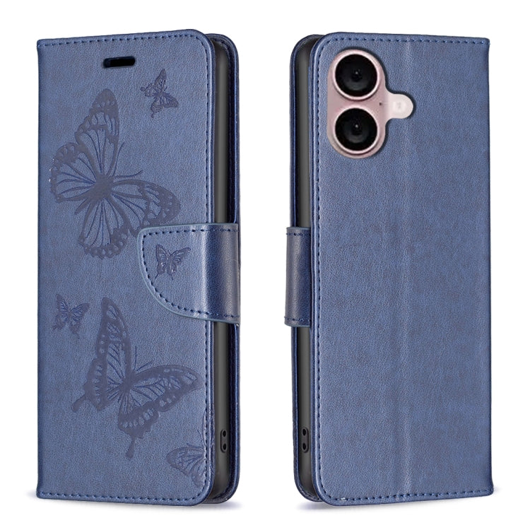 Embossing Two Butterflies Pattern Leather Phone Case, For iPhone 16 Pro Max, For iPhone 16 Pro, For iPhone 16 Plus, For iPhone 16