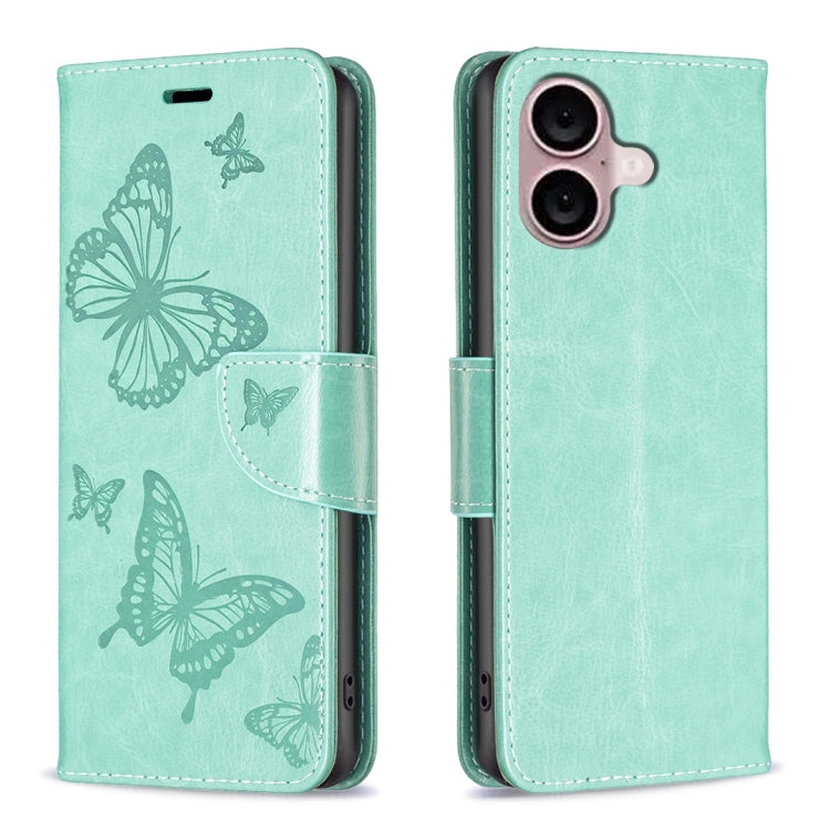 Embossing Two Butterflies Pattern Leather Phone Case, For iPhone 16 Pro Max, For iPhone 16 Pro, For iPhone 16 Plus, For iPhone 16