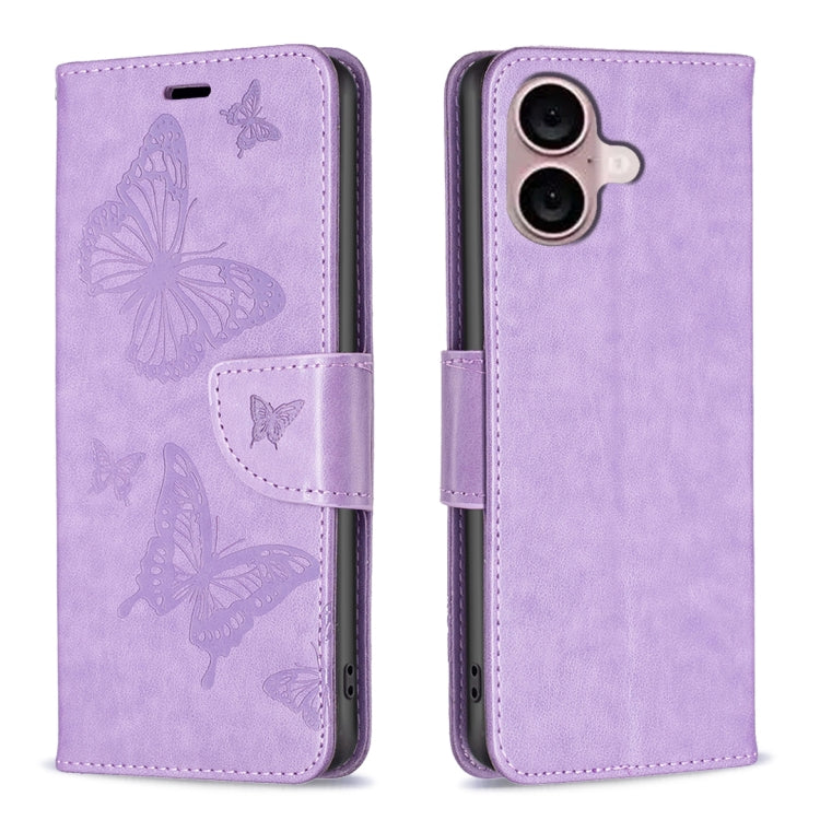 Embossing Two Butterflies Pattern Leather Phone Case, For iPhone 16 Pro Max, For iPhone 16 Pro, For iPhone 16 Plus, For iPhone 16