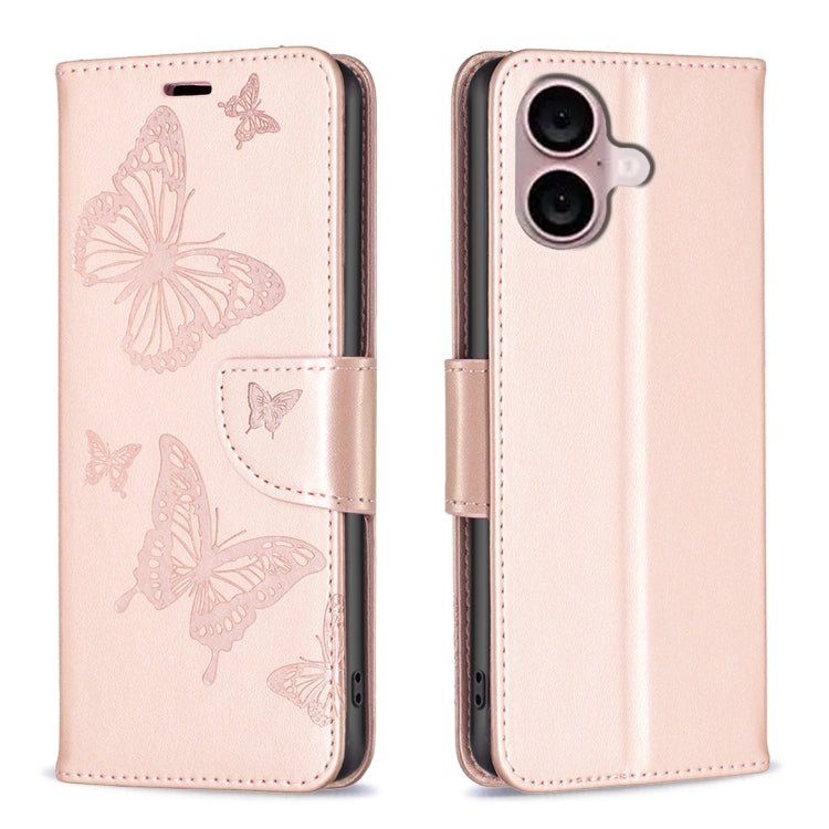 Embossing Two Butterflies Pattern Leather Phone Case, For iPhone 16 Pro Max, For iPhone 16 Pro, For iPhone 16 Plus, For iPhone 16