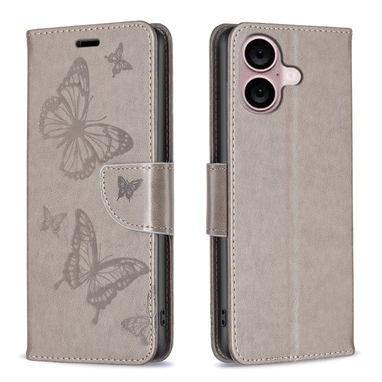 Embossing Two Butterflies Pattern Leather Phone Case, For iPhone 16 Pro Max, For iPhone 16 Pro, For iPhone 16 Plus, For iPhone 16