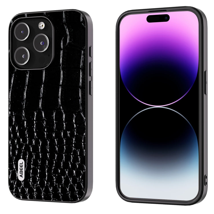 ABEEL Genuine Leather Crocodile Pattern Black Edge Phone Case, For iPhone 16 Pro Max, For iPhone 16 Pro, For iPhone 16 Plus, For iPhone 16, For iPhone 15 Pro Max, For iPhone 15 Pro