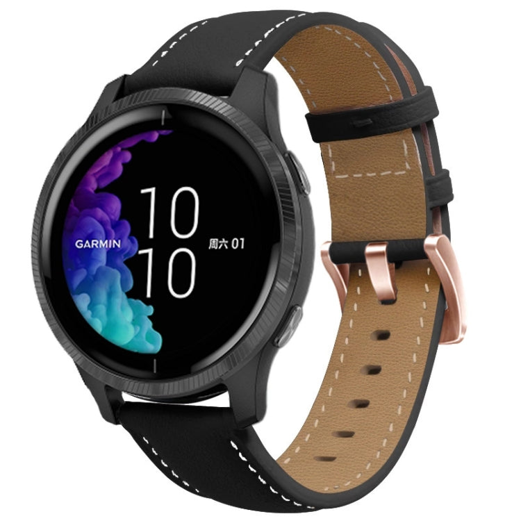 20mm Rose Gold Buckle Genuine Leather Watch Band, For Garmin Venu / SQ / SQ2 / Venu 2 Plus