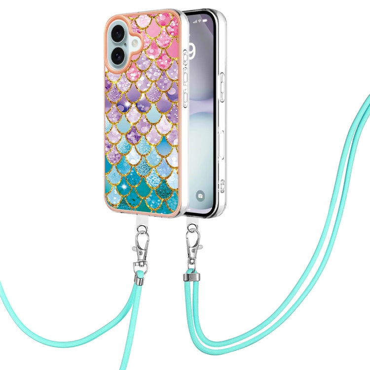 Electroplating Pattern IMD TPU Shockproof Case with Neck Lanyard, For iPhone 16 Pro Max, For iPhone 16 Pro, For iPhone 16 Plus, For iPhone 16