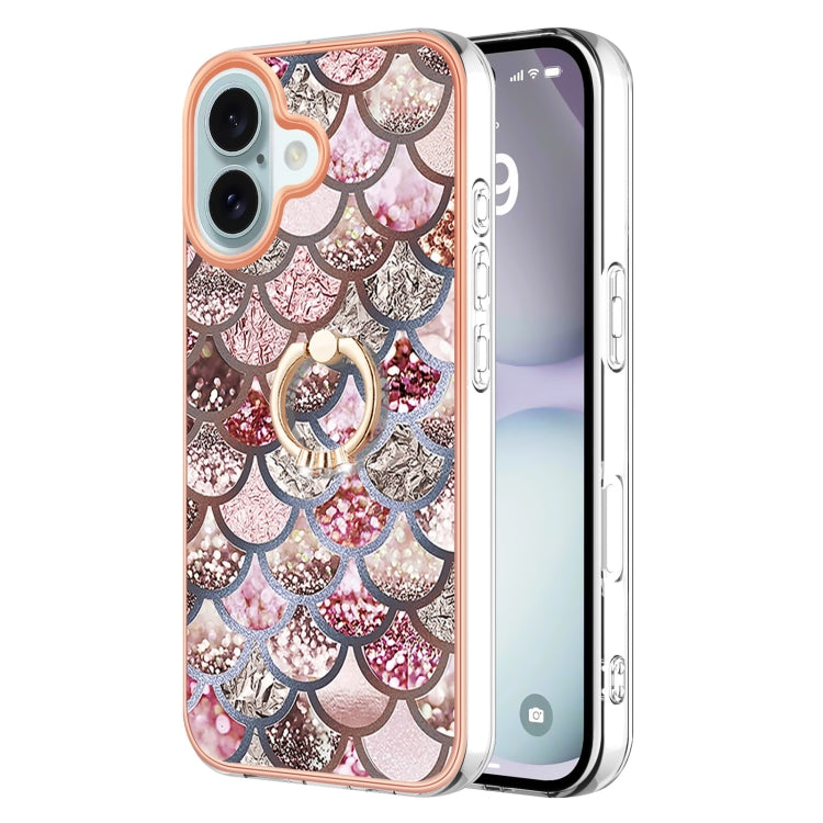 Electroplating Pattern IMD TPU Shockproof Case with Rhinestone Ring Holder, For iPhone 16 Pro Max, For iPhone 16 Pro, For iPhone 16 Plus, For iPhone 16