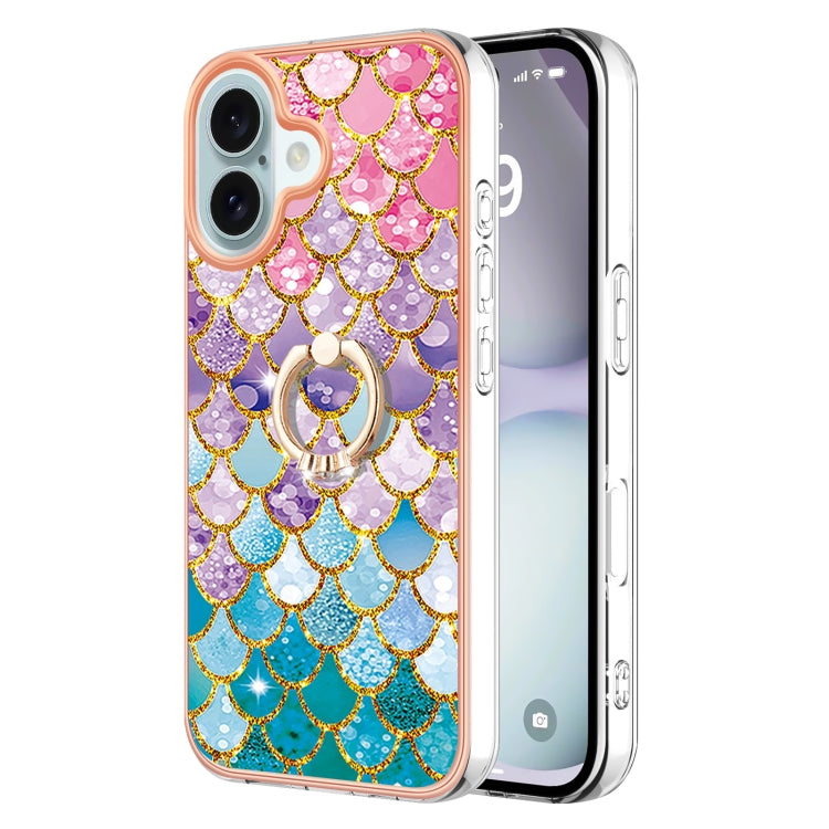 Electroplating Pattern IMD TPU Shockproof Case with Rhinestone Ring Holder, For iPhone 16 Pro Max, For iPhone 16 Pro, For iPhone 16 Plus, For iPhone 16