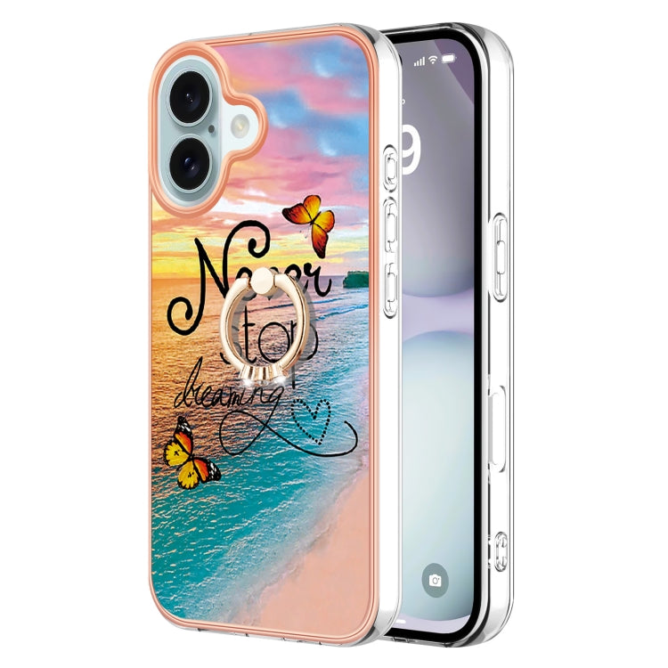 Electroplating Pattern IMD TPU Shockproof Case with Rhinestone Ring Holder, For iPhone 16 Pro Max, For iPhone 16 Pro, For iPhone 16 Plus, For iPhone 16