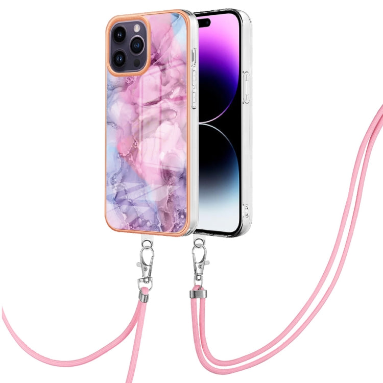 Electroplating Marble Dual-side IMD Phone Case with Lanyard, For iPhone 15 Pro Max, For iPhone 15 Pro, For iPhone 15 Plus, For iPhone 15