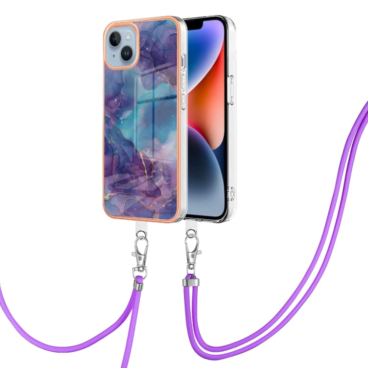 Electroplating Marble Dual-side IMD Phone Case with Lanyard, For iPhone 15 Pro Max, For iPhone 15 Pro, For iPhone 15 Plus, For iPhone 15