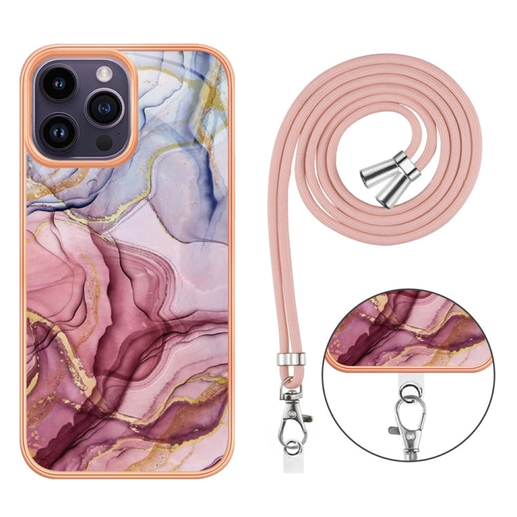 Electroplating Marble Dual-side IMD Phone Case with Lanyard, For iPhone 16 Pro Max, For iPhone 16 Pro, For iPhone 16 Plus, For iPhone 16