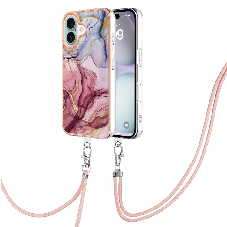 Electroplating Marble Dual-side IMD Phone Case with Lanyard, For iPhone 16 Pro Max, For iPhone 16 Pro, For iPhone 16 Plus, For iPhone 16