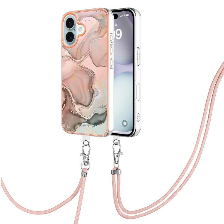 Electroplating Marble Dual-side IMD Phone Case with Lanyard, For iPhone 16 Pro Max, For iPhone 16 Pro, For iPhone 16 Plus, For iPhone 16