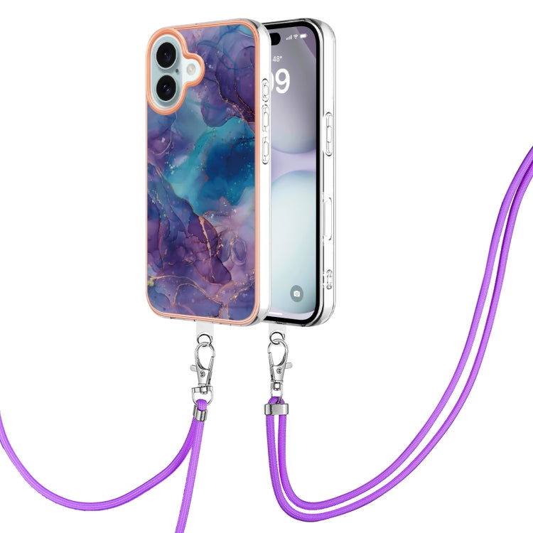 Electroplating Marble Dual-side IMD Phone Case with Lanyard, For iPhone 16 Pro Max, For iPhone 16 Pro, For iPhone 16 Plus, For iPhone 16