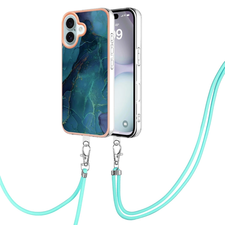Electroplating Marble Dual-side IMD Phone Case with Lanyard, For iPhone 16 Pro Max, For iPhone 16 Pro, For iPhone 16 Plus, For iPhone 16