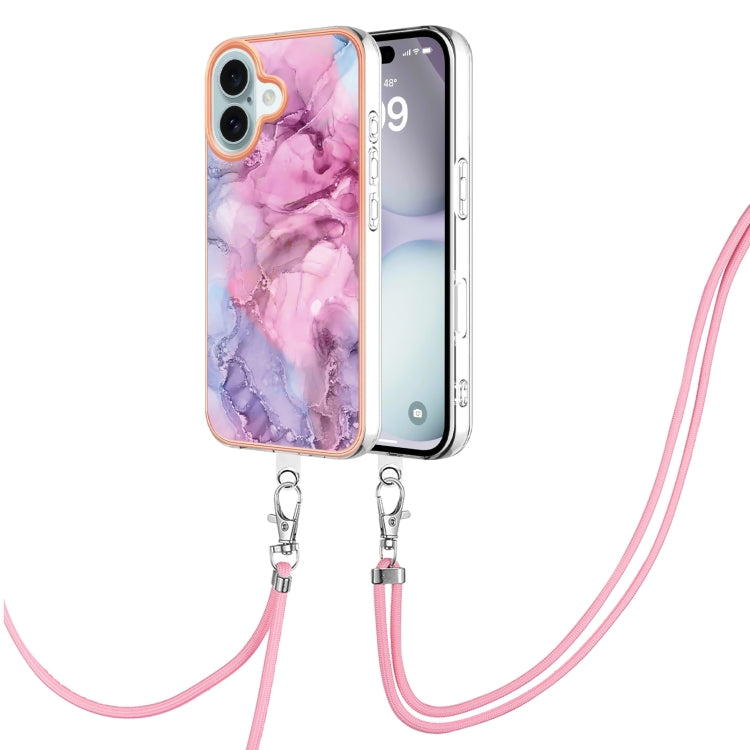 Electroplating Marble Dual-side IMD Phone Case with Lanyard, For iPhone 16 Pro Max, For iPhone 16 Pro, For iPhone 16 Plus, For iPhone 16