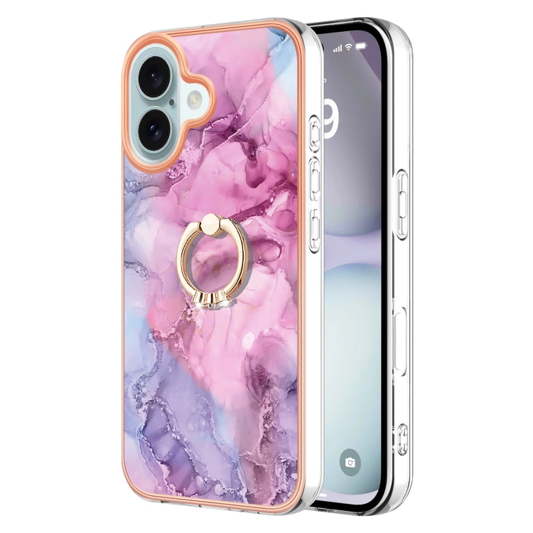 Electroplating Marble Dual-side IMD Phone Case with Ring, For iPhone 16 Pro Max, For iPhone 16 Pro, For iPhone 16 Plus, For iPhone 16