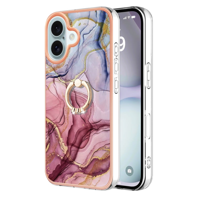Electroplating Marble Dual-side IMD Phone Case with Ring, For iPhone 16 Pro Max, For iPhone 16 Pro, For iPhone 16 Plus, For iPhone 16