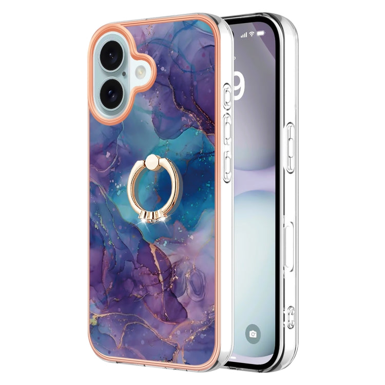 Electroplating Marble Dual-side IMD Phone Case with Ring, For iPhone 16 Pro Max, For iPhone 16 Pro, For iPhone 16 Plus, For iPhone 16